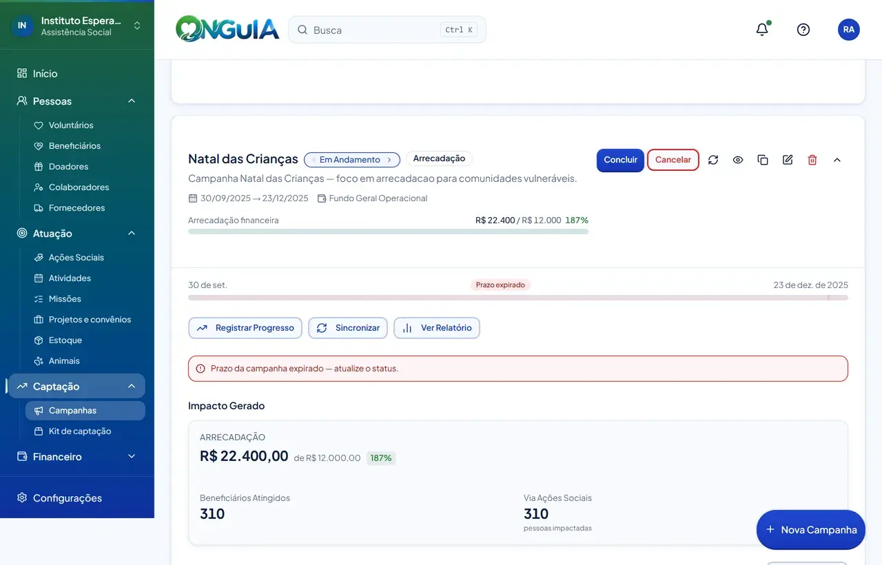 Tela de campanhas do OnGuia: uma campanha em andamento, com tipo, período e fundo, a arrecadação contra a meta e o aviso de que o prazo expirou.